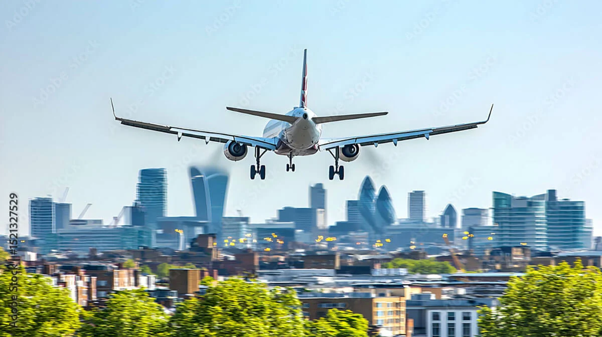 Landing plane in city placeholder