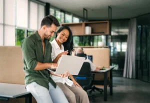 Two creative people in discussion